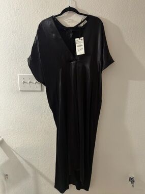 Zara Black Satin V-Neck Slip Dress Size M/L